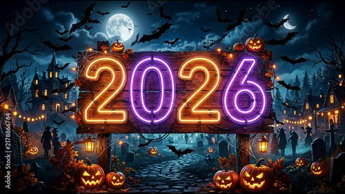 Glowing neon 2026 sign on a wooden board in a spooky Halloween village. Spooky celebration with jack o lanterns and flying bats at night. Halloween 2026 holiday celebration and spooky seasonal.