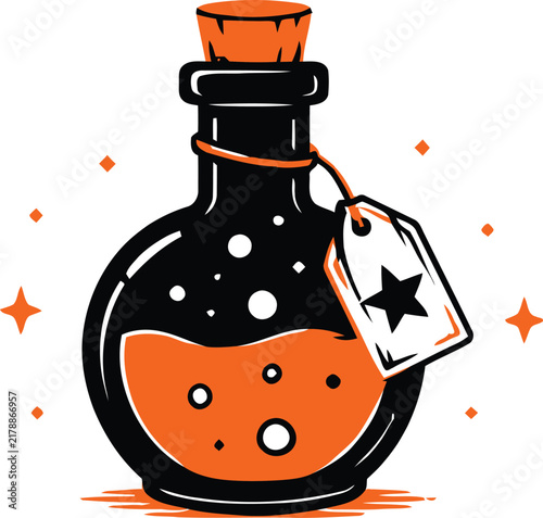 Foto Cute cartoon magic potion bottle with orange liquid for a fun and spooky hallowe