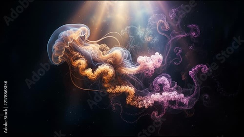 Glowing smoke jellyfish swims through dark cosmic space with light rays. Ethereal marine creature evoking mystery and deep sea wonder. Halloween 2026 eerie fantasy design and supernatural theme.