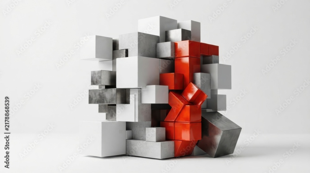 Obraz premium Abstract composition of stacked geometric cubes and blocks in red and grey