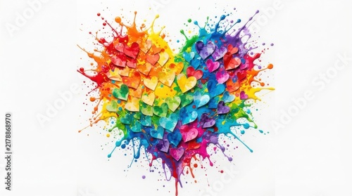 Rainbow watercolor paint splash in heart shape with paper cutouts