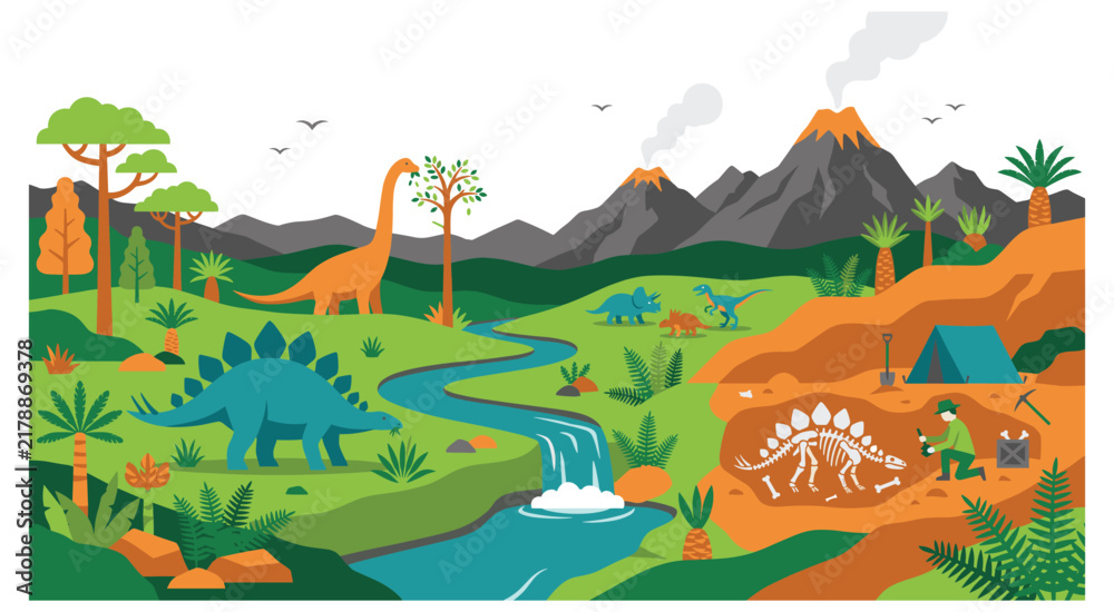 Obraz premium Paleontology site with dinosaurs and fossil explorer man.