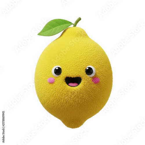 Cute happy yellow lemon character with a green leaf isolated on transparent background
