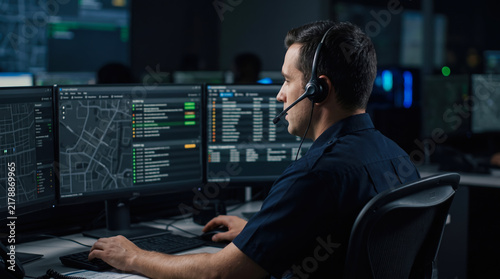 A person is sitting at a desk in a control room. male 911 dispatcher in uniform speaking into headset microphone while working at multi monitor dispatch station