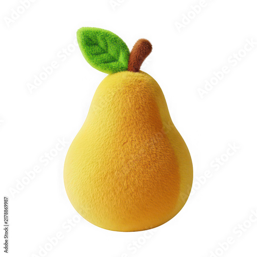 Fresh yellow pear fruit with a single green leaf isolated on transparent background