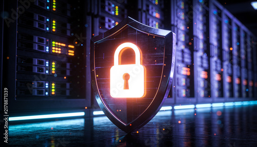 Futuristic Cybersecurity Shield with Radiant Padlock Inside Dark Data Center, Tall Server Racks, Glowing Indicators and Floating Particles, Premium Photorealistic Enterprise Security Visual