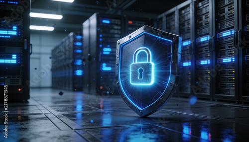 Futuristic Cybersecurity Shield with Radiant Padlock Inside Dark Data Center, Tall Server Racks, Glowing Indicators and Floating Particles, Premium Photorealistic Enterprise Security Visual