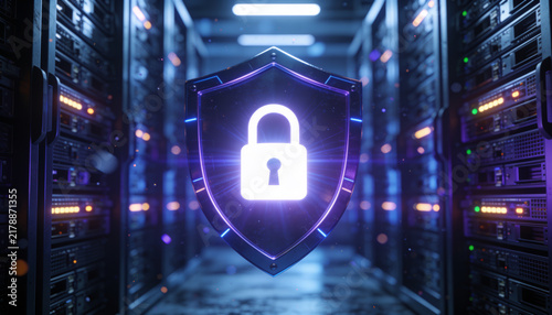 Futuristic Cybersecurity Shield with Radiant Padlock Inside Dark Data Center, Tall Server Racks, Glowing Indicators and Floating Particles, Premium Photorealistic Enterprise Security Visual