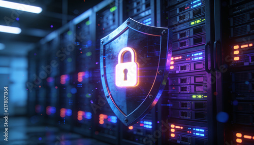 Futuristic Cybersecurity Shield with Radiant Padlock Inside Dark Data Center, Tall Server Racks, Glowing Indicators and Floating Particles, Premium Photorealistic Enterprise Security Visual