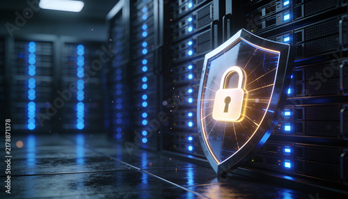 Futuristic Cybersecurity Shield with Radiant Padlock Inside Dark Data Center, Tall Server Racks, Glowing Indicators and Floating Particles, Premium Photorealistic Enterprise Security Visual