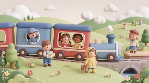 3D Little Children on a Whimsical Train Adventure