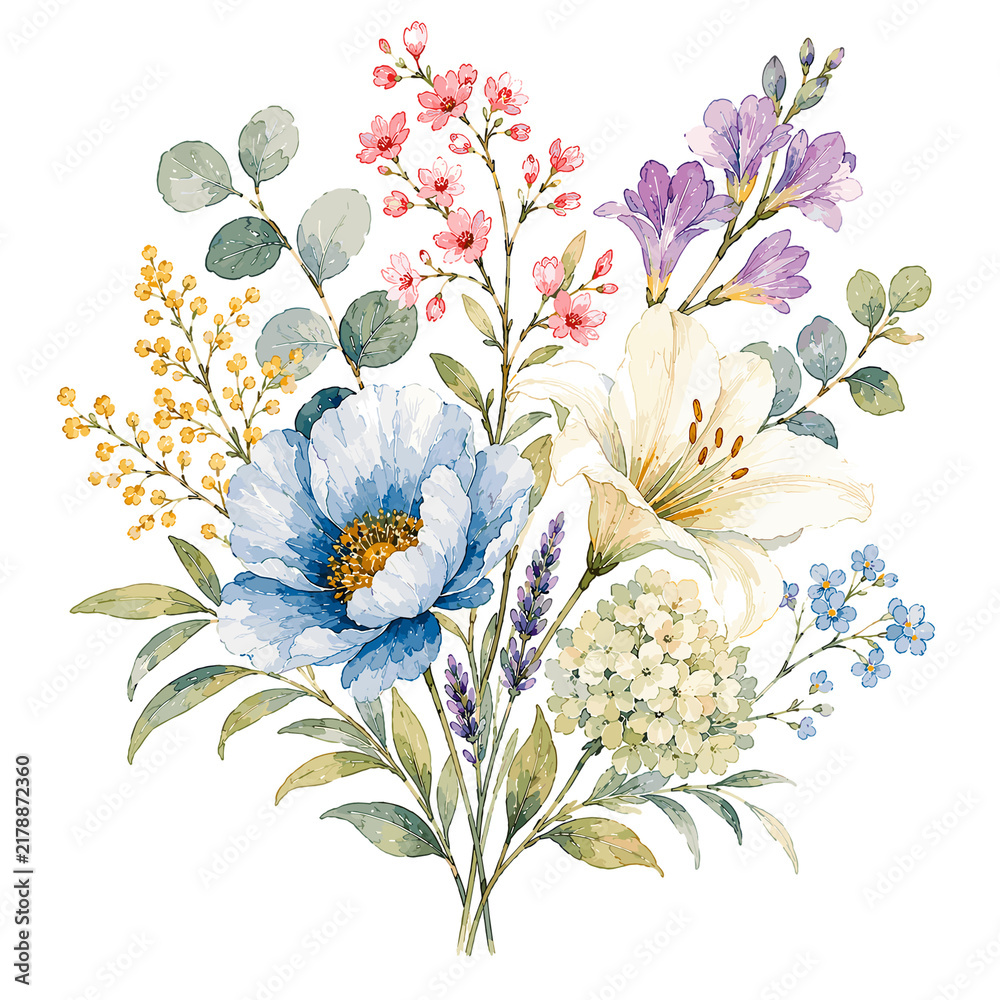 Obraz premium Beautiful watercolor floral composition featuring blue 