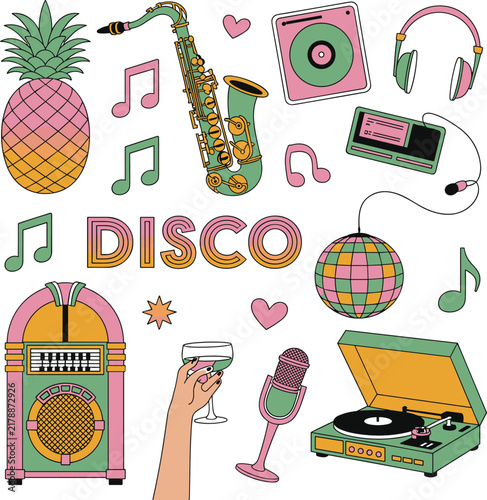 Retro disco party elements collection with music instruments and tropical fruit decorations