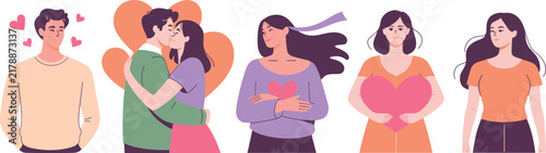Set of diverse people expressing love and affection with hearts and romantic gestures on a plain background