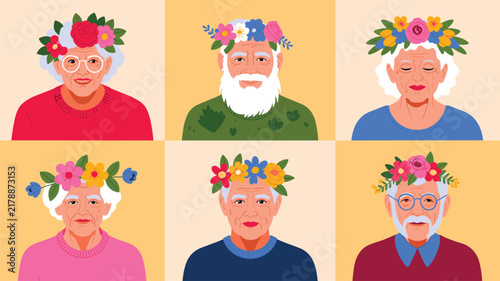 Set of diverse elderly people wearing colorful floral crowns and wreaths on their heads as a decorative head accessory