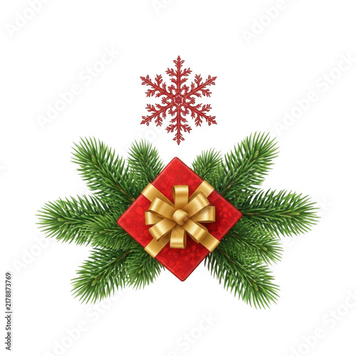 Red christmas gift box with pine and snowflake isolated on transparent background
