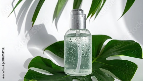 Glass dropper bottle on monstera leaves with palm shadows.