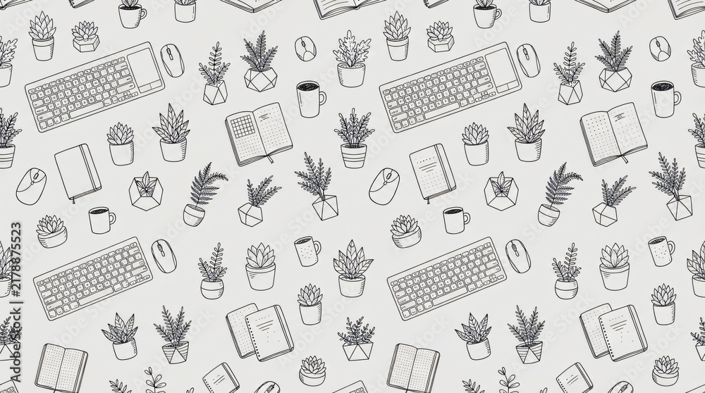 Seamless pattern modern office workstation elements wireless keyboards optical mice notebooks potted plants repeating fine line doodle vector graphics light gray background wallpaper