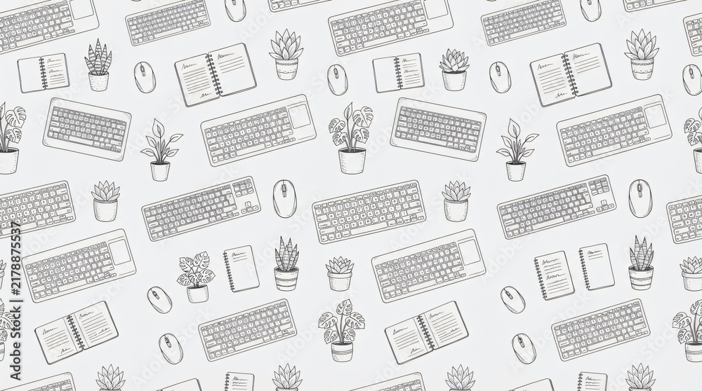 Seamless pattern modern office workstation elements wireless keyboards optical mice notebooks potted plants repeating fine line doodle vector graphics light gray background wallpaper