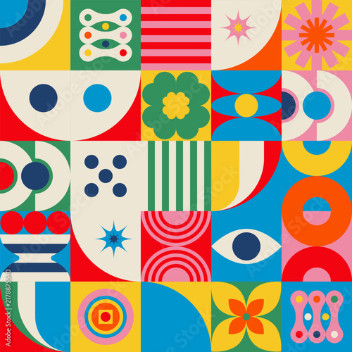 Groovy Retro Geometric Pattern with Vase and Flower Vector