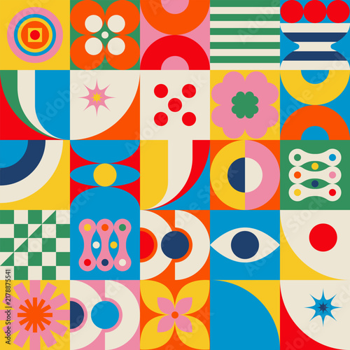 Retro Geometric Pattern with Checkerboard and Flowers Vector
