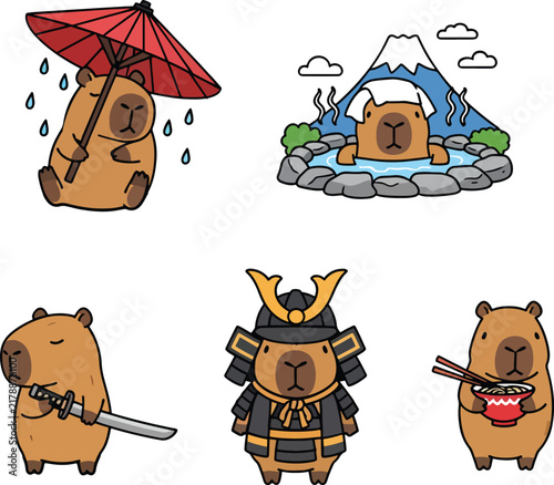 Cartoon Capybara in Japanese Cultural Set
