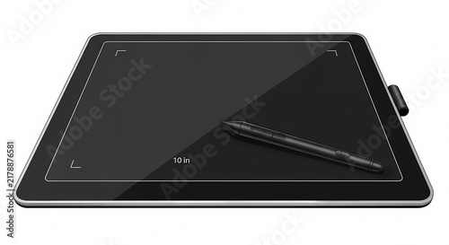 Professional black graphics tablet with digital stylus pen on white background, featuring a 10 inch drawing area for creative digital art, illustration, and graphic design work.