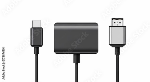 Set of digital interface cable connectors with USB-C and HDMI plugs isolated on white background, ideal for technology, hardware connectivity, and high-speed data transfer concepts.