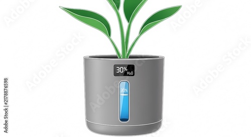 Smart self-watering pot with digital display showing 30% H2O water level and green plant, modern automated indoor gardening concept.