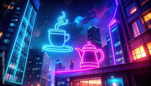 Neon coffee and teapot symbols in futuristic city night.