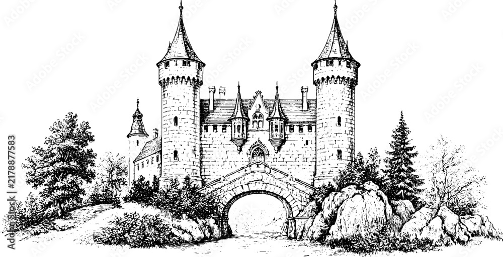 Obraz premium Antique engraved castle with arched bridge and twin towers isolated on white background for background or poster design