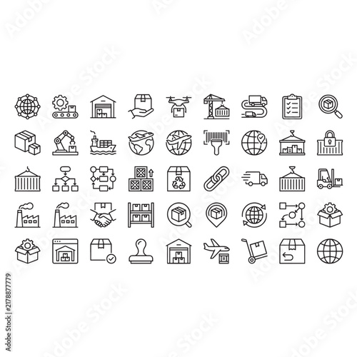 Supply Chain and Logistics Line Icon Set Inventory, Warehouse, Delivery and Distribution Outline Symbols