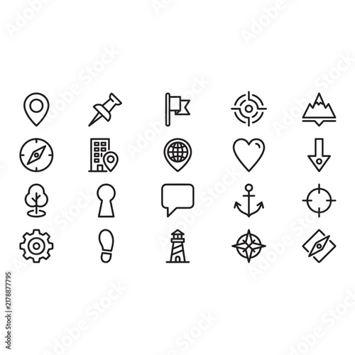 Map Pin Location Icons Set, GPS Navigation and Location Marker Symbols, Editable Line Vector