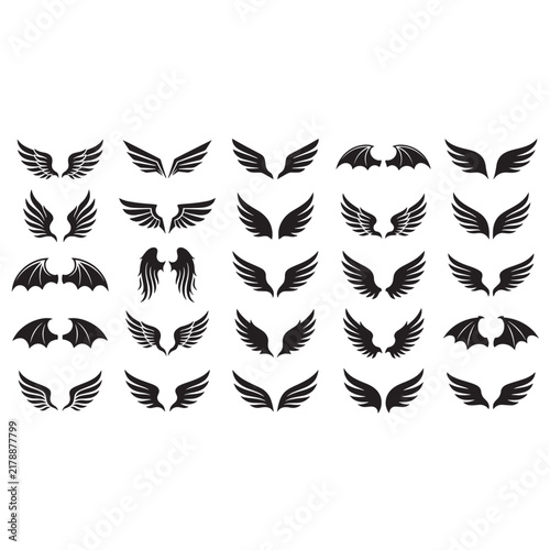 Wings and Feather Line Icon Set  Black Angel Wings, Bird Flight and Decorative Outline Vector Collection