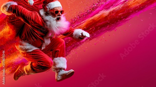Energetic Santa Claus in red suit and sunglasses leaps dynamically against a vibrant pink background with colorful confetti explosion, modern festive style.