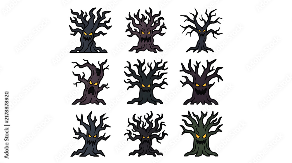 Fototapeta premium Spooky Creepy Halloween Tree Monsters Set with Scary Faces and Twisted Branches
