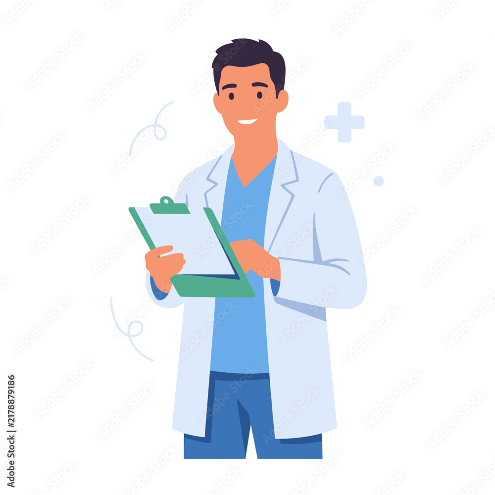 Fototapeta premium Smiling Doctor Holding Clipboard With Medical Information