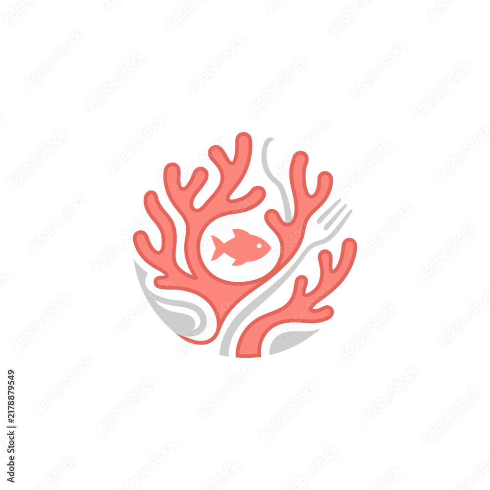 Naklejka premium Circular coral reef and fish with fork icon.