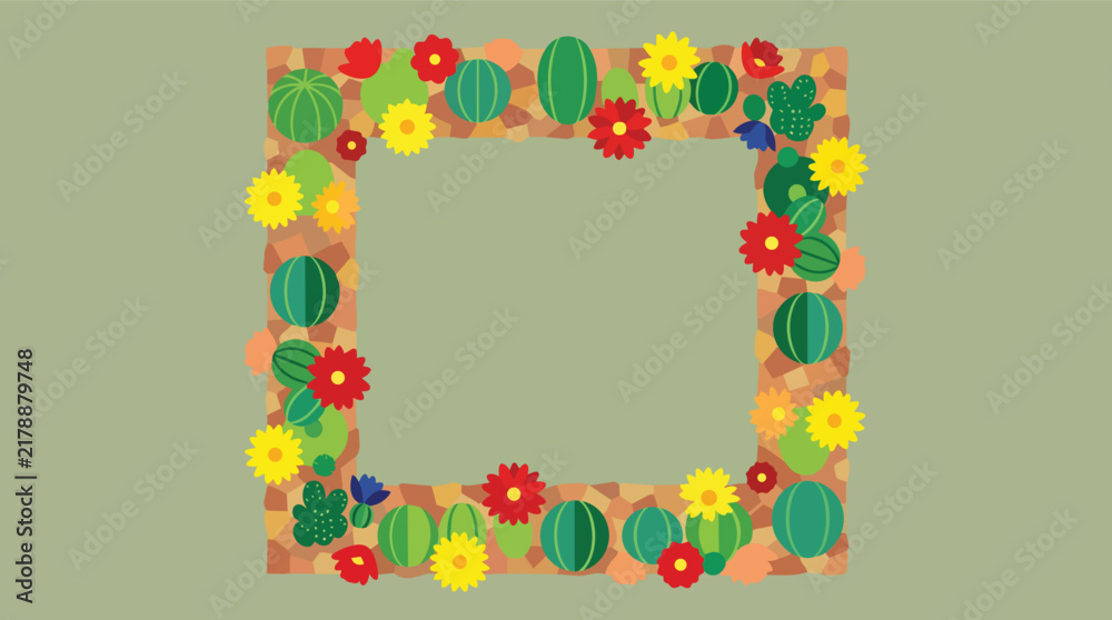 Fototapeta premium Cactus frame with desert flowers in modern flat vector illustration for botanical stationery and eco-friendly branding