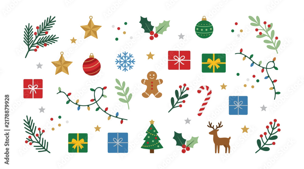 Naklejka premium An illustration of Christmas elements collection with gifts, ornaments, and festive decorations