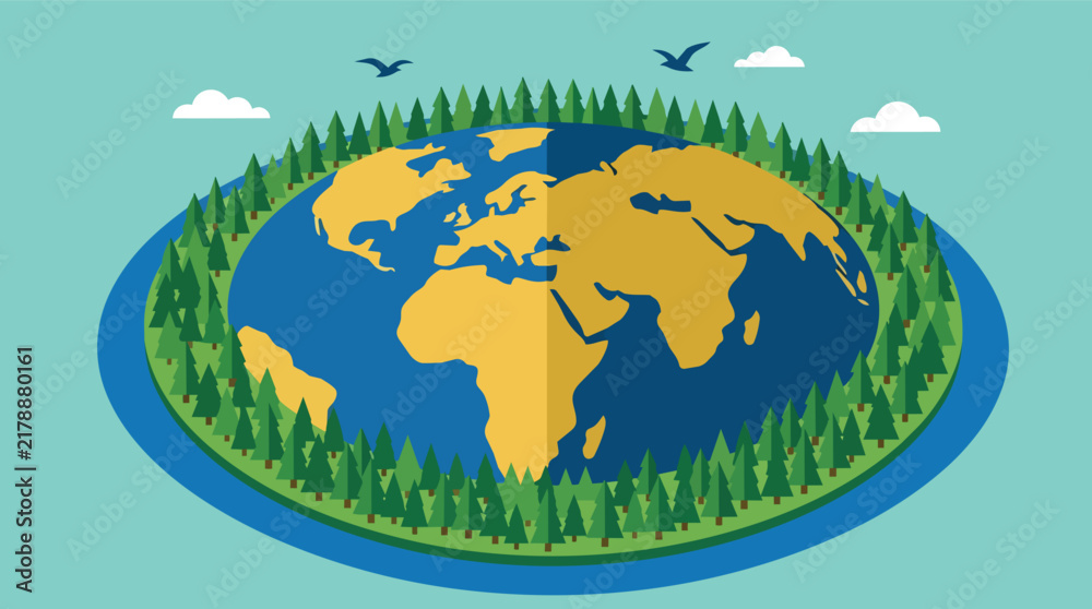 Naklejka premium Earth globe surrounded by a green forest ring for global ecology and sustainability in a modern vector illustration style for environmental conservation