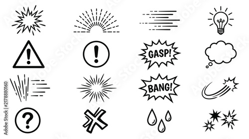 Set of comic book sound effects and graphic elements, including speech bubbles, action lines, and symbols