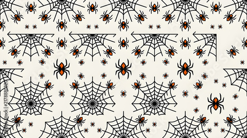 Halloween Spiders and Cobwebs Seamless Pattern on Light Background
