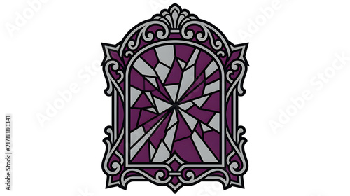 Broken Gothic Stained Glass Window with Shattered Mirror Frame Vector Illustration