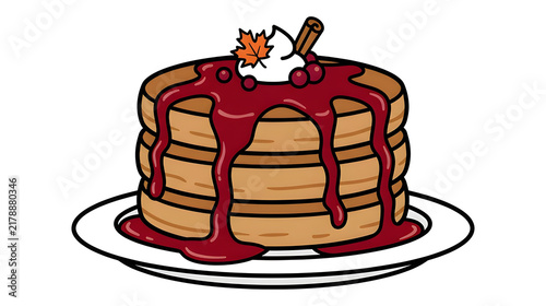 Stack of Fluffy Autumn Pancakes with Berry Syrup Whipped Cream and Maple Leaf