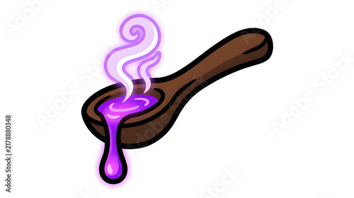 Wooden Spoon with Dripping Boiling Purple Magic Potion and Steam Vector Icon