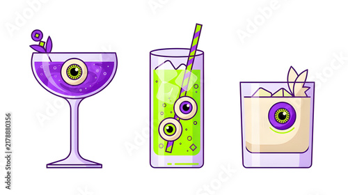 Spooky Halloween Cocktails Set with Eyeball Garnishes in Glasses