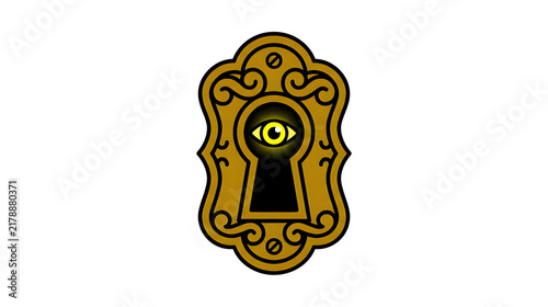 Antique Brass Keyhole with Mysterious Glowing Yellow Eye Peeking Through