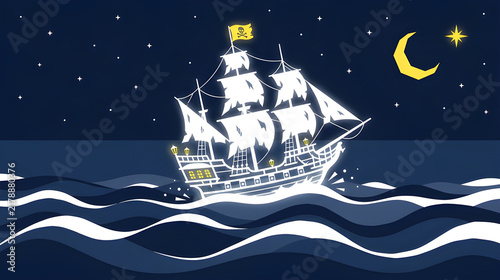 Glowing Ghostly Pirate Ship Sailing on Ocean Waves Under Night Moon and Star