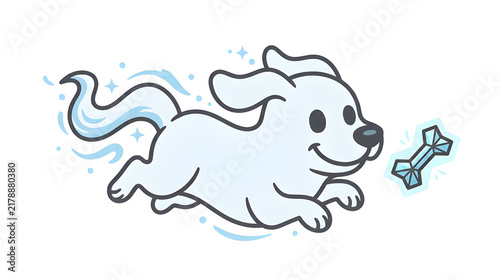 Cute Ghost Puppy Dog Running After Glowing Magic Bone Vector Illustration